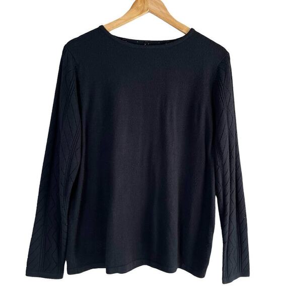 Tanjay Black Crewneck Knit‎ Sweater Perforated Knit Sleeves, Size Medium - Picture 1 of 8